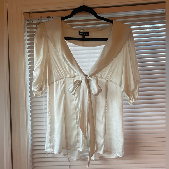 Vtg Bebe off white cream silk button up shirt / top / blouse with tie fits M-L - Picture 7 of 12